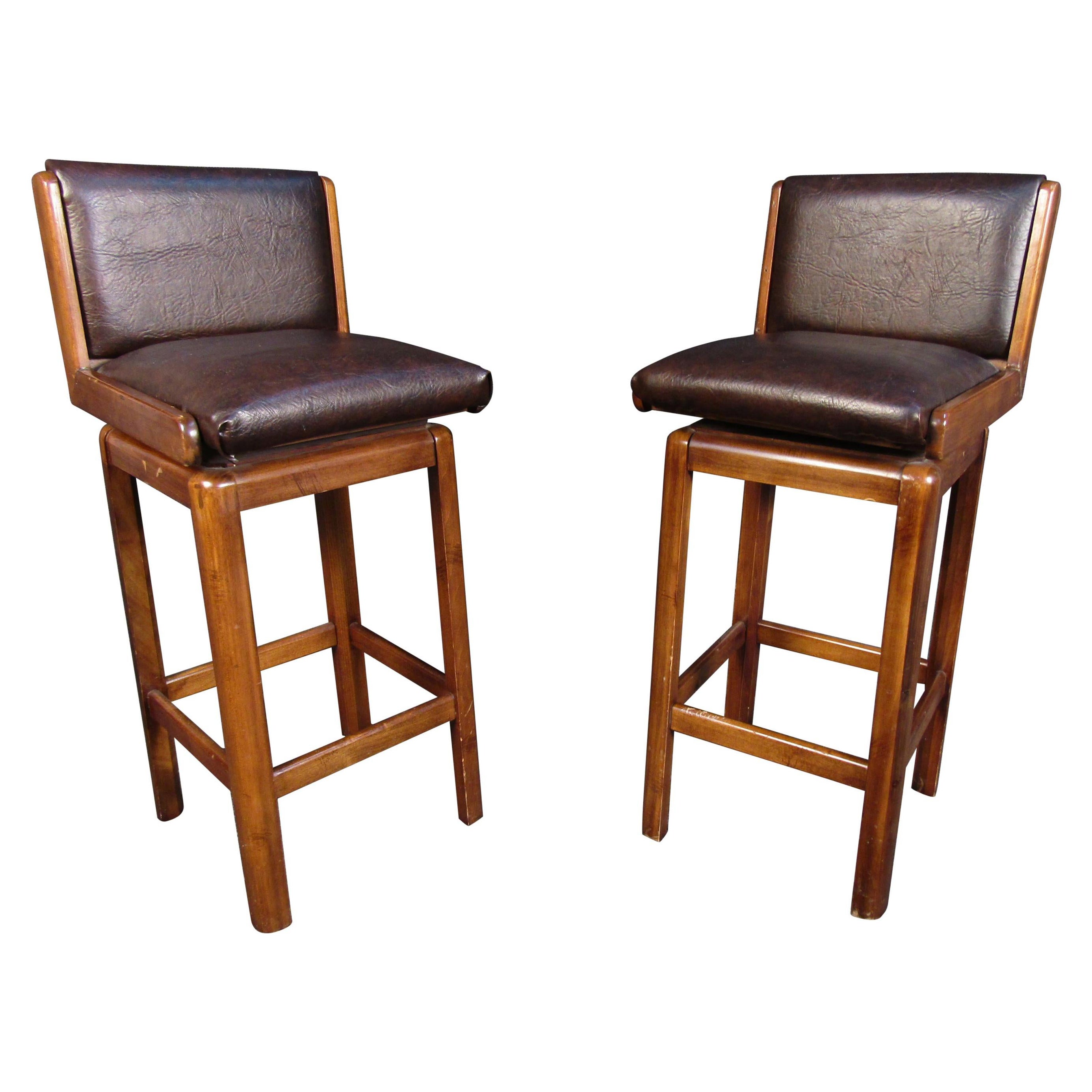 Mid-Century Brutalist Oak & Burl Barstools by Lane Furniture