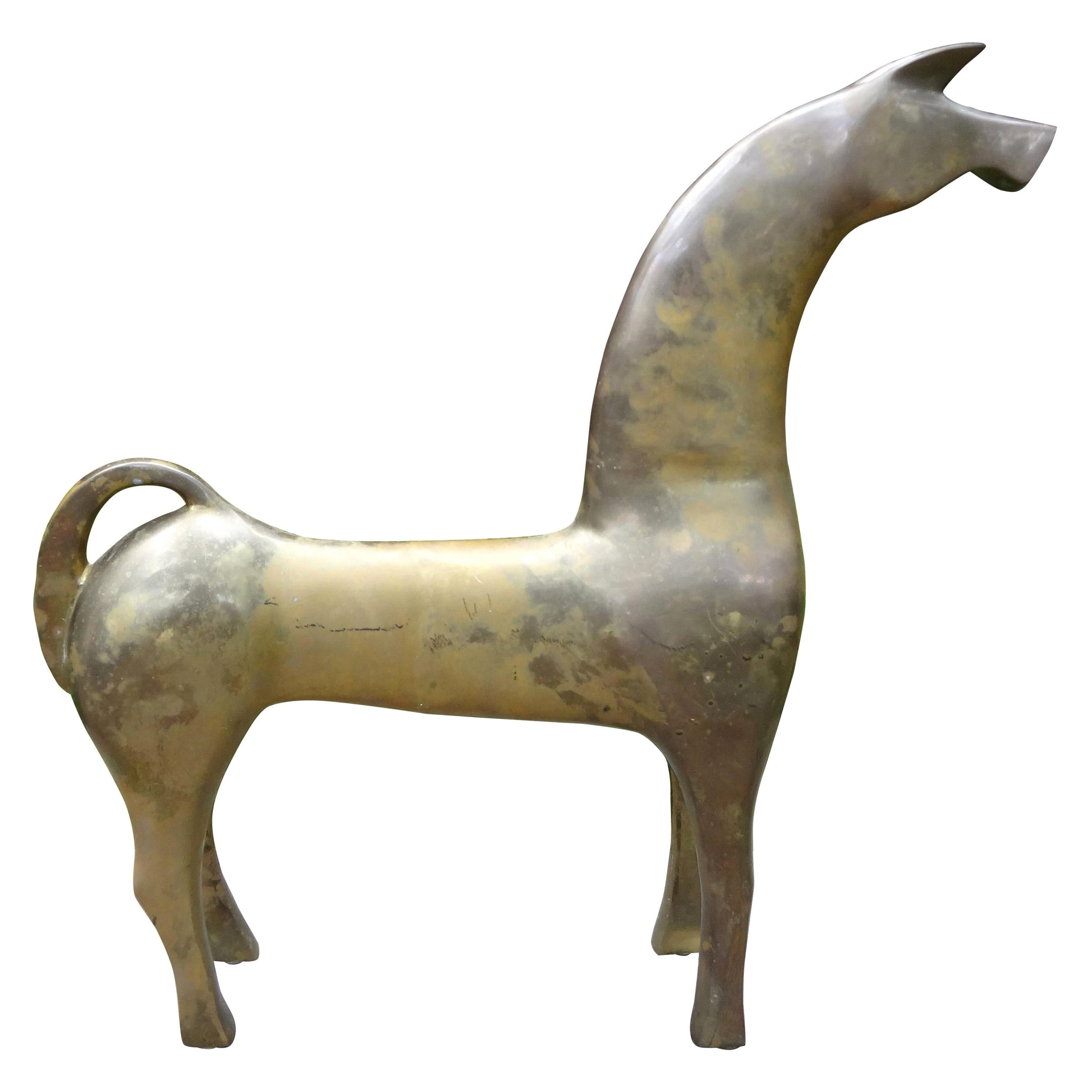 Große etruskische Pferdeskulptur aus Messing aus der Moderne im Angebot