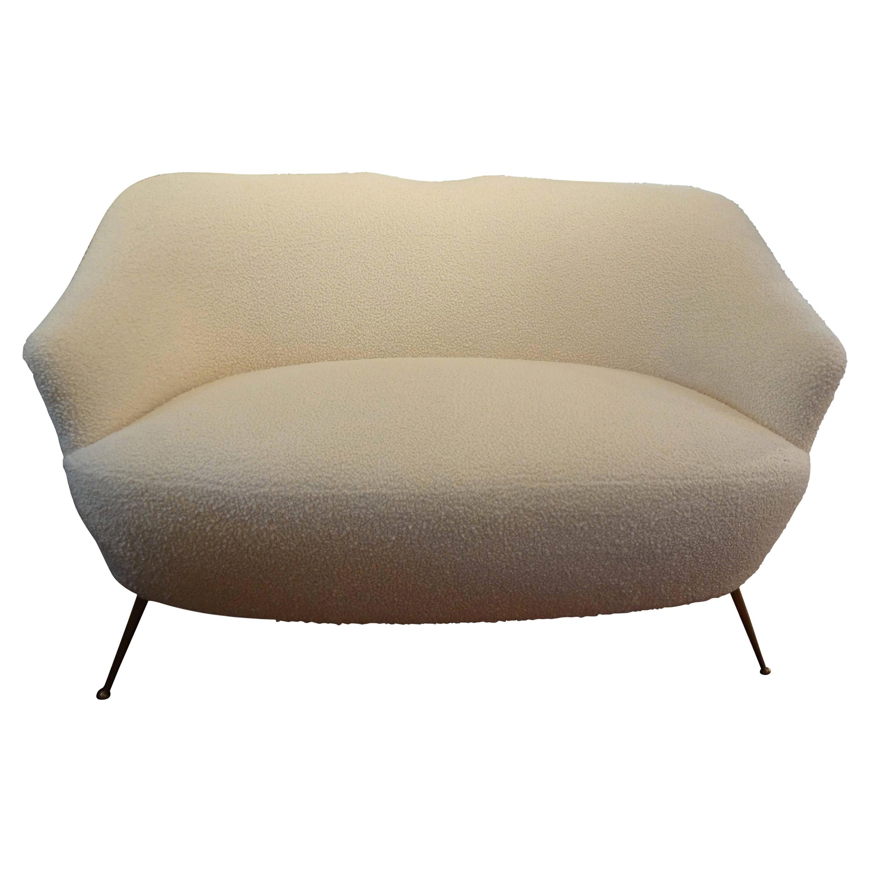 Italian Modern Curved Loveseat with Brass Legs, circa 1950 For Sale