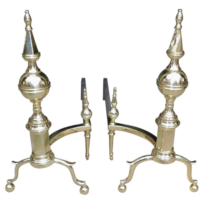Pair of American Brass Steeple Finial Andirons with Spur Legs & Ball Feet C 1800 For Sale