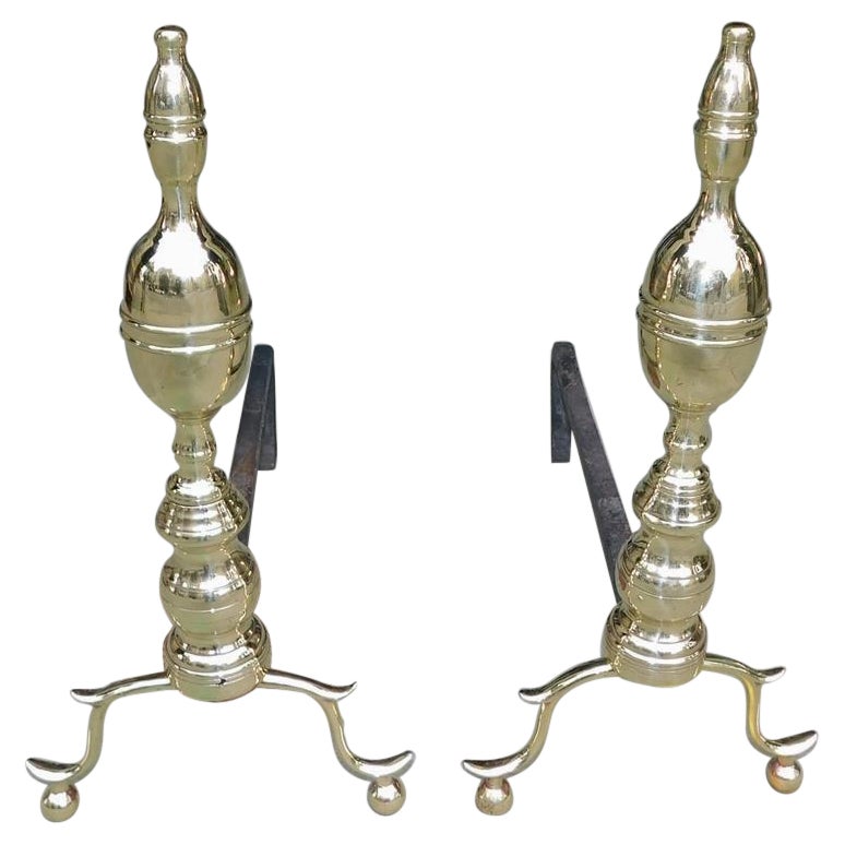Pair of American Brass Lemon Finial Andirons with Spur Legs & Ball Feet, C. 1810 For Sale