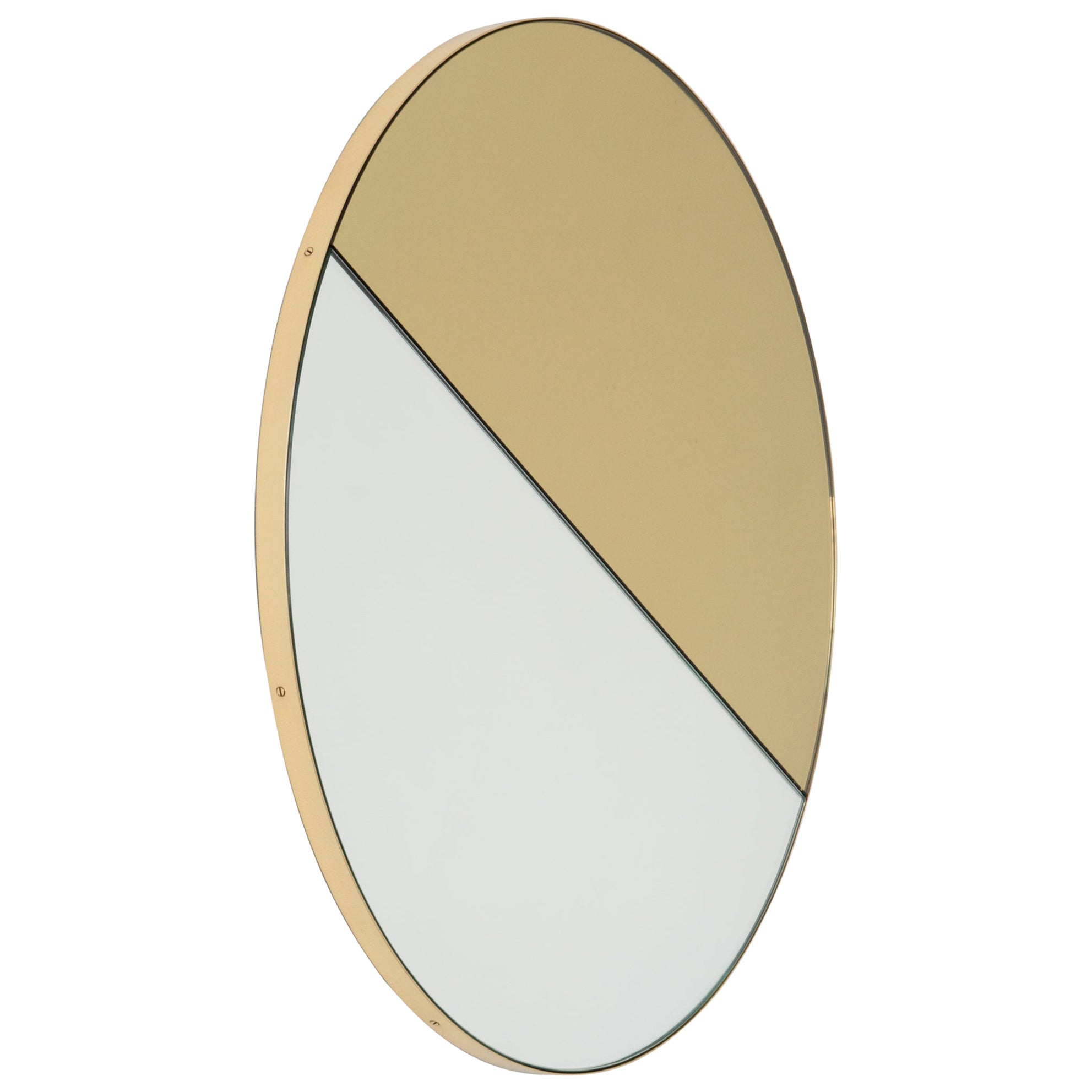 Miroir moderne rond Orbis Dualis teinté or mélangé avec cadre en laiton, moyen