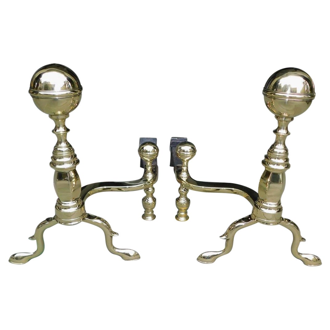 Pair of American Brass Ball Finial Andirons, Stamped J. Molineux Boston, C 1800 For Sale