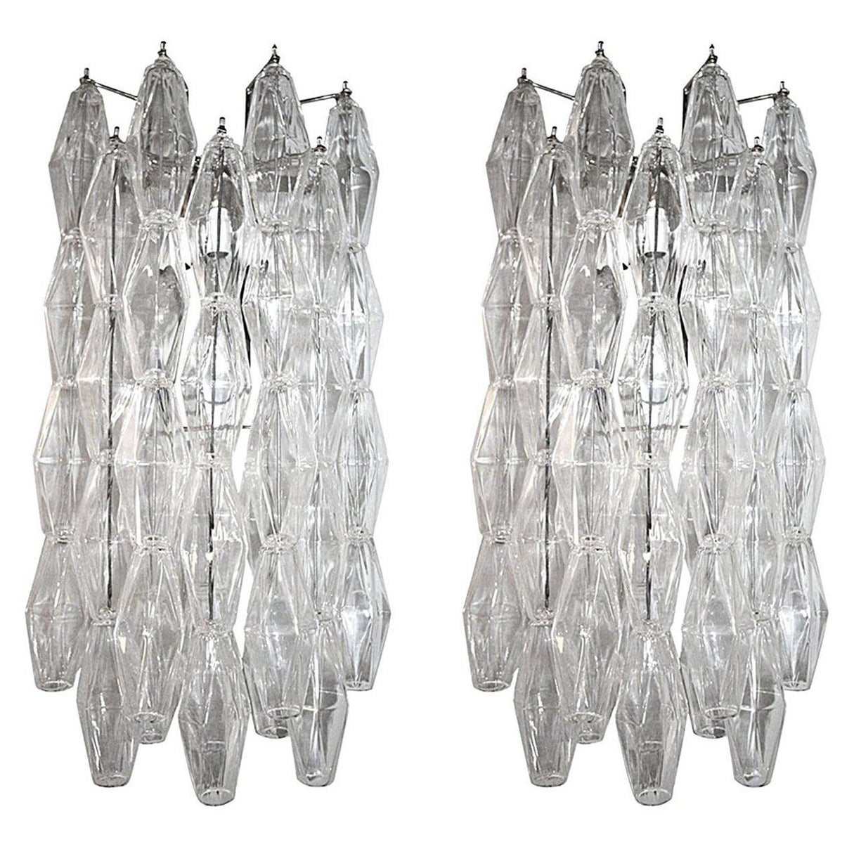 Pair of Long 1970s Venini Style Polyhedron Murano Glass Sconces