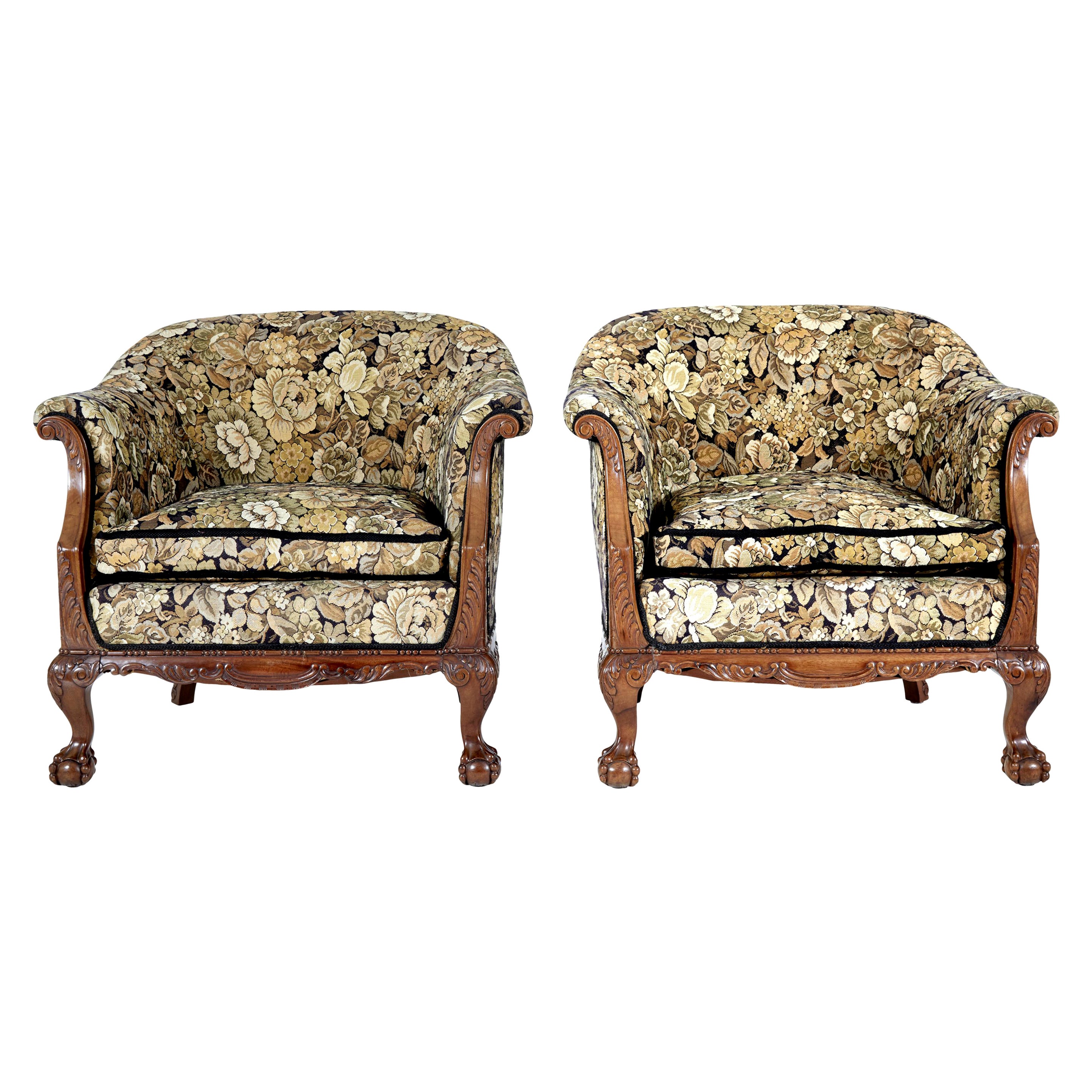 Pair of Early 20th Century Carved Walnut Armchairs