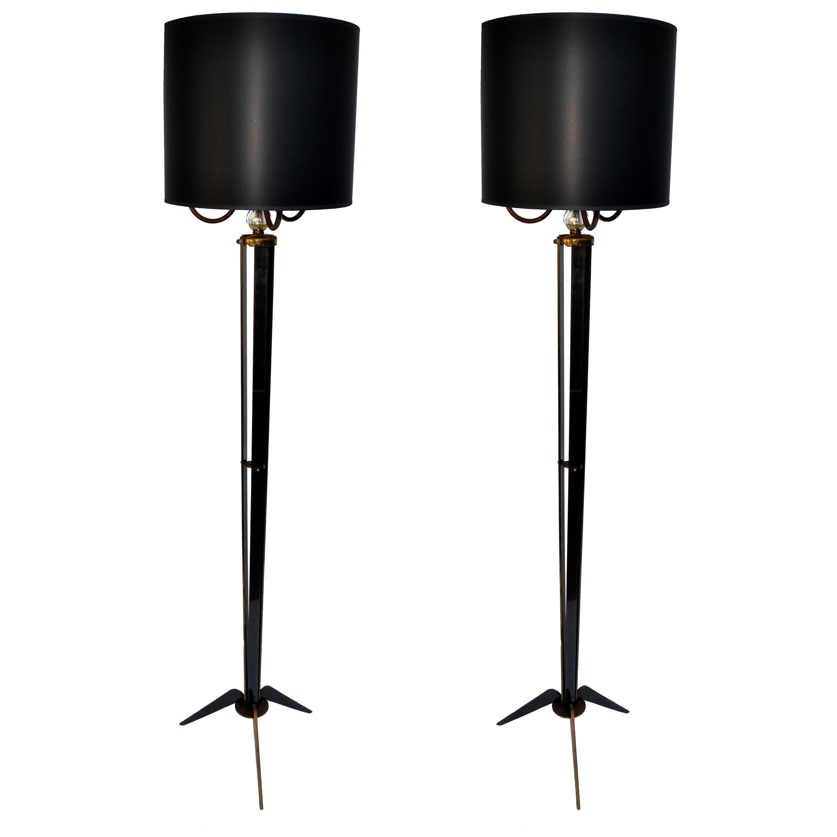 Pair of Maison Jansen Style French Brass, Gun Metal & Crystal 3-Arm Floor Lamp For Sale
