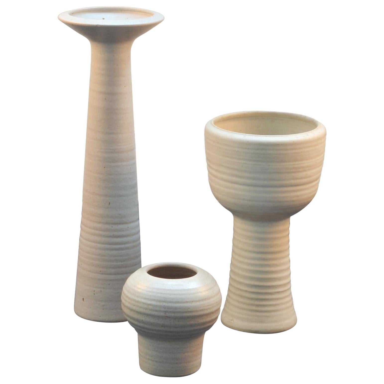 Group of Tall Studio Pottery Chalk White Sculptural Vases For Sale