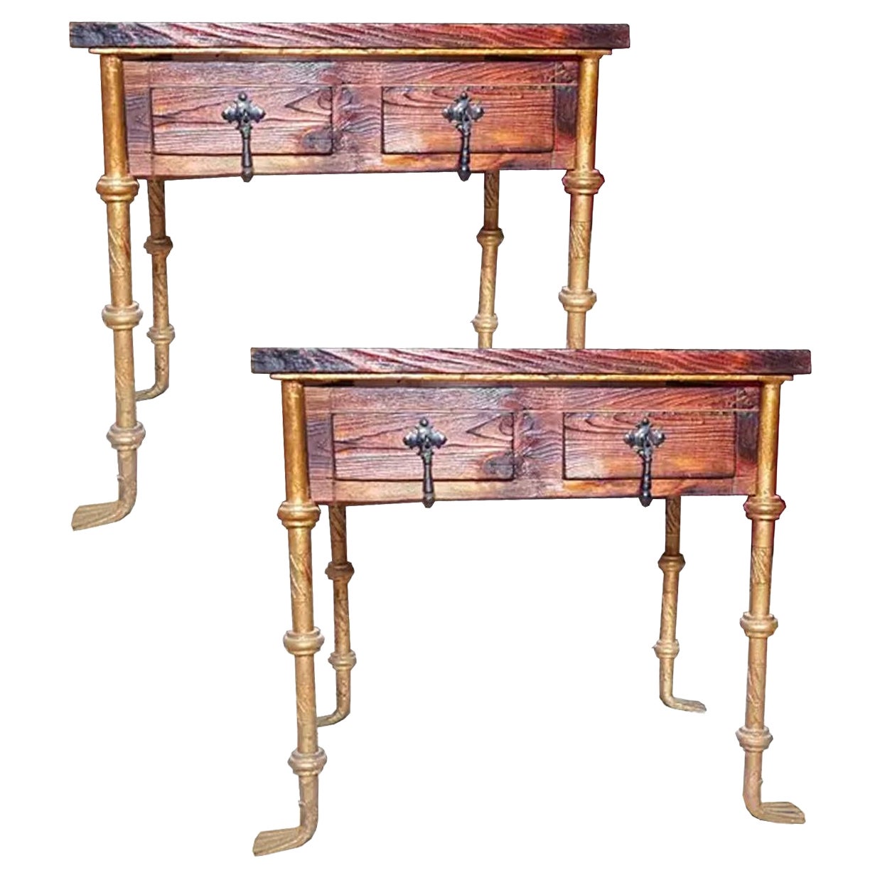 Pair of Nightstands or Bedside Tables, Midcentury Italy, Iron Forged and Wood