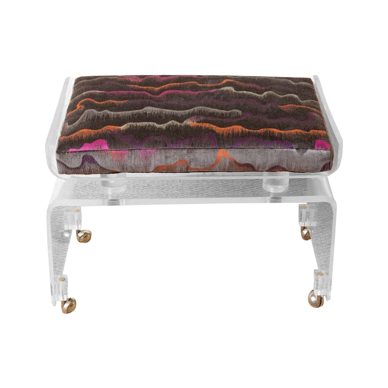 Lucite Vanity Bench on Wheels with Upholstered Gray, Magenta Cushion Vintage