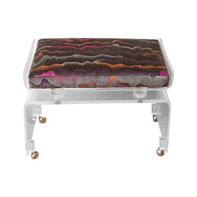 Lucite Vanity Bench on Wheels with Upholstered Gray, Magenta Cushion Vintage For Sale