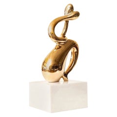 Scultura figurativa astratta vintage in bronzo intrecciata su base di marmo bianco