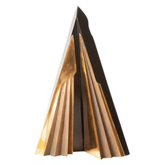 Vintage Signed Bronze and Black Stained Wood Abstract Pleated Sculpture Italian