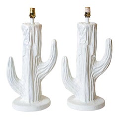 Pair of White Plaster of Paris Cactus Lamps Vintage