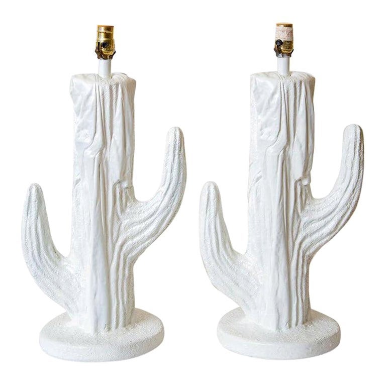  Paire de lampes de bureau vintage en plâtre blanc en forme de cactus de Paris