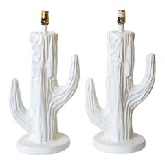 White Plaster of Paris Cactus Lamps Vintage Pair of