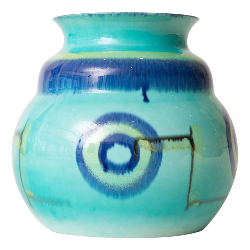 Grete Marks Art Deco Bauhaus Turquoise, Royal Blue Ceramic Vessel, Vase Vintage For Sale