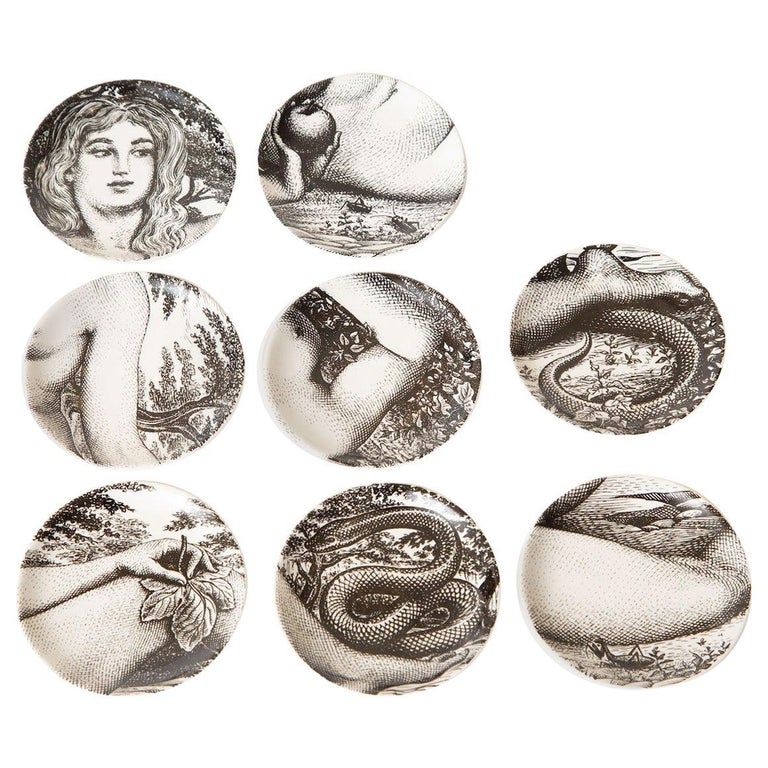 Piero Fornasetti Porcelain Black and White Eve Coasters Vintage S/8 Barware For Sale