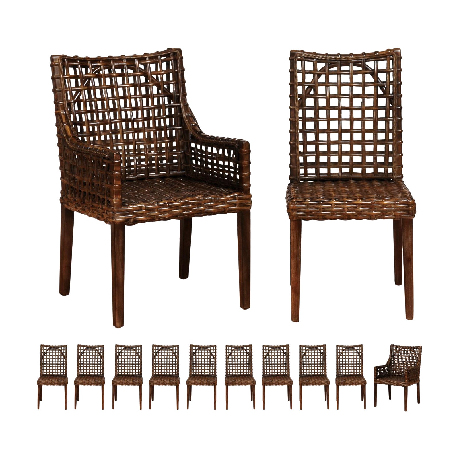 Superb Set of 12 Cerused Mahogany and Cane Dining Chairs in Aged Tobacco For Sale