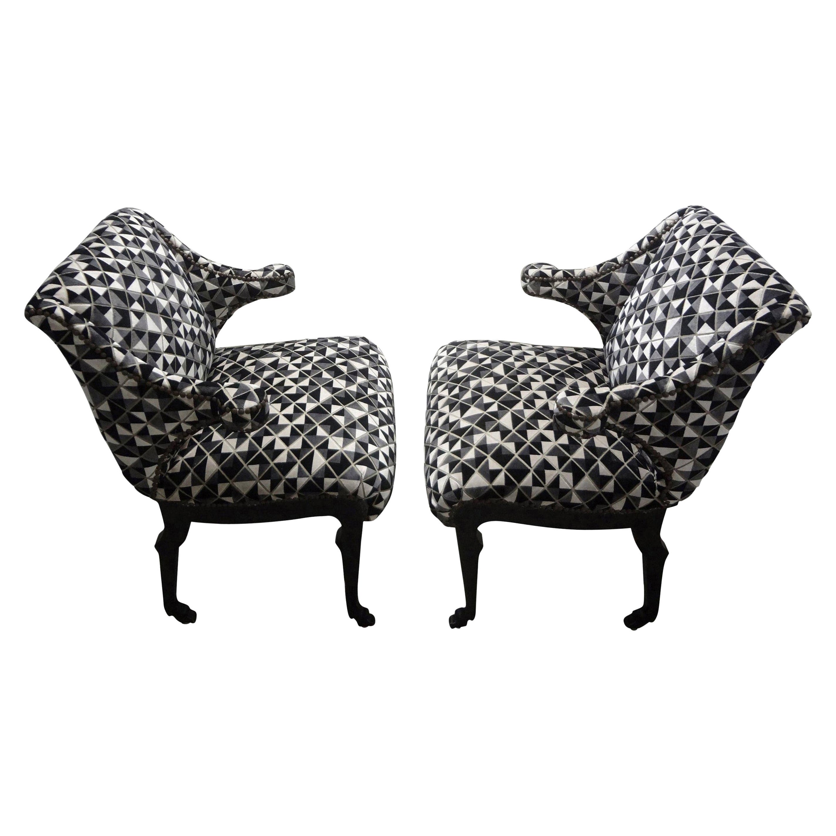 Pair of Grosfeld House Etruscan Style Ebonized Lounge Chairs with Hoof Feet For Sale