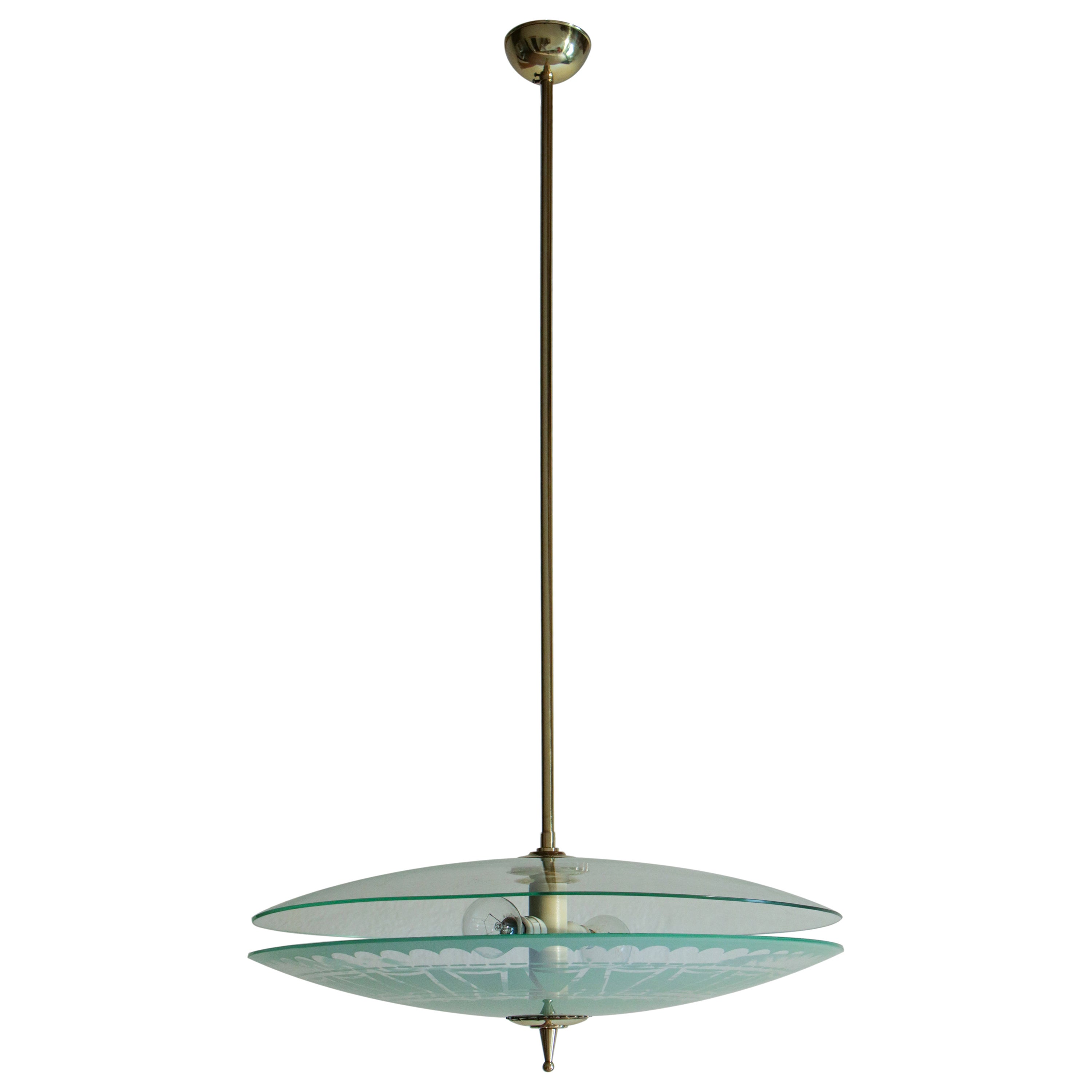Italian Mid-Century Modern Double Disc Decorated Glass Pendant Lamp, 1950s For Sale