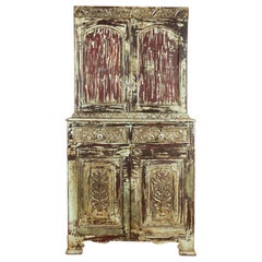 Distress Green and Brown Wood Cabinet with Flower Handles