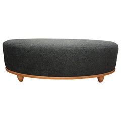 Large Mid-Century Oval Bench Upholstered in Grey Shearling