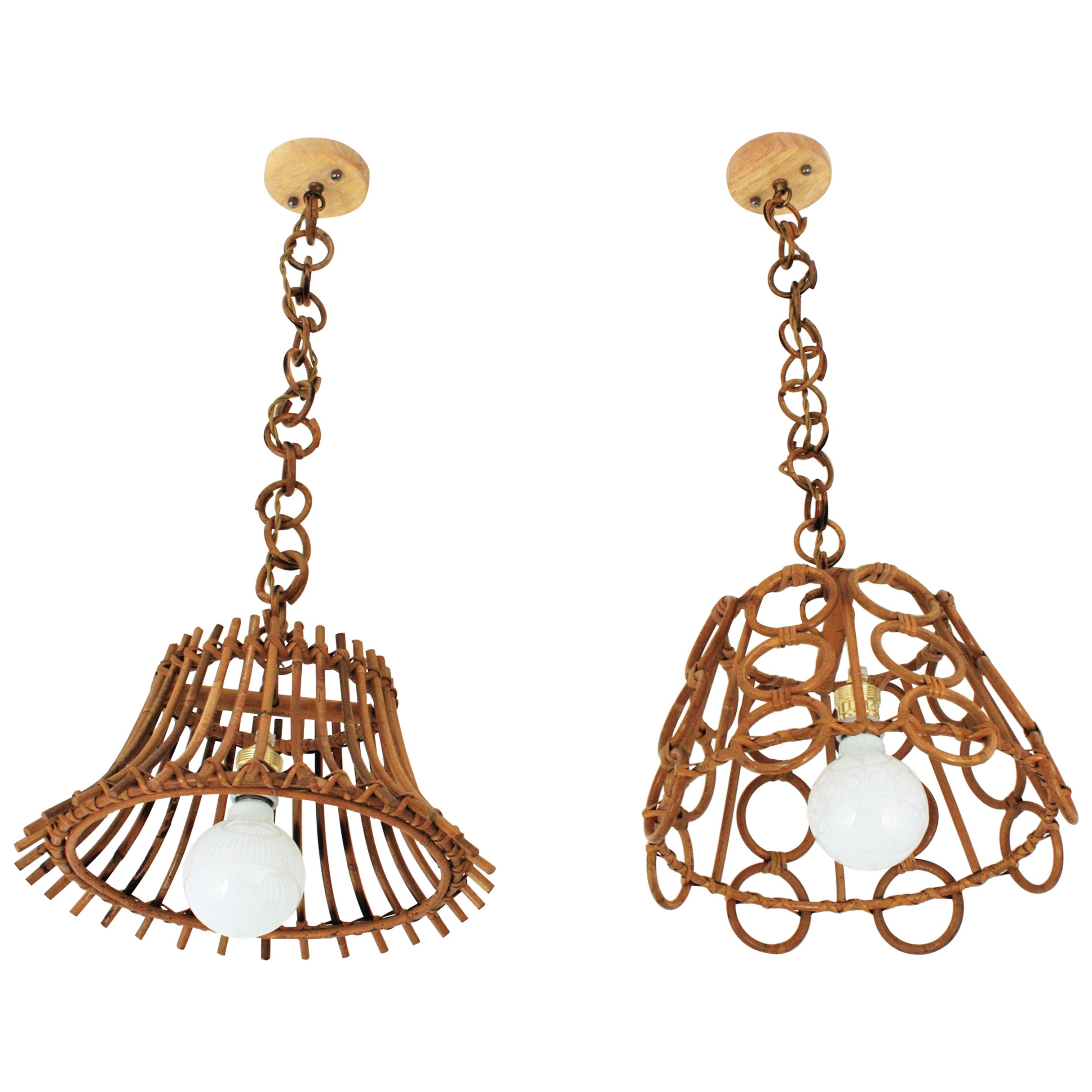 Unmatching Pair of Rattan Bamboo Pendants / Hanging Lights For Sale