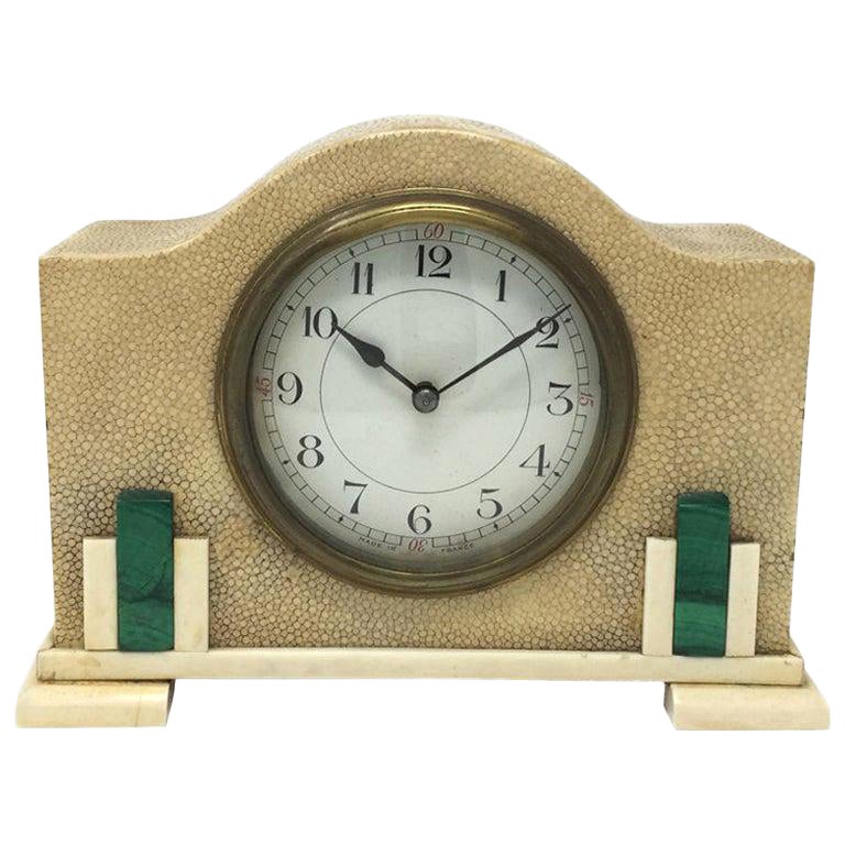 Original French Art Deco Table Clock in Shagreen and Malachite, 1930s For Sale