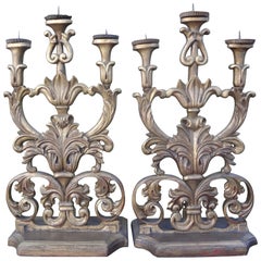 Huge Pair of 18th Century Italian Baroque Giltwood Altar Candelabra