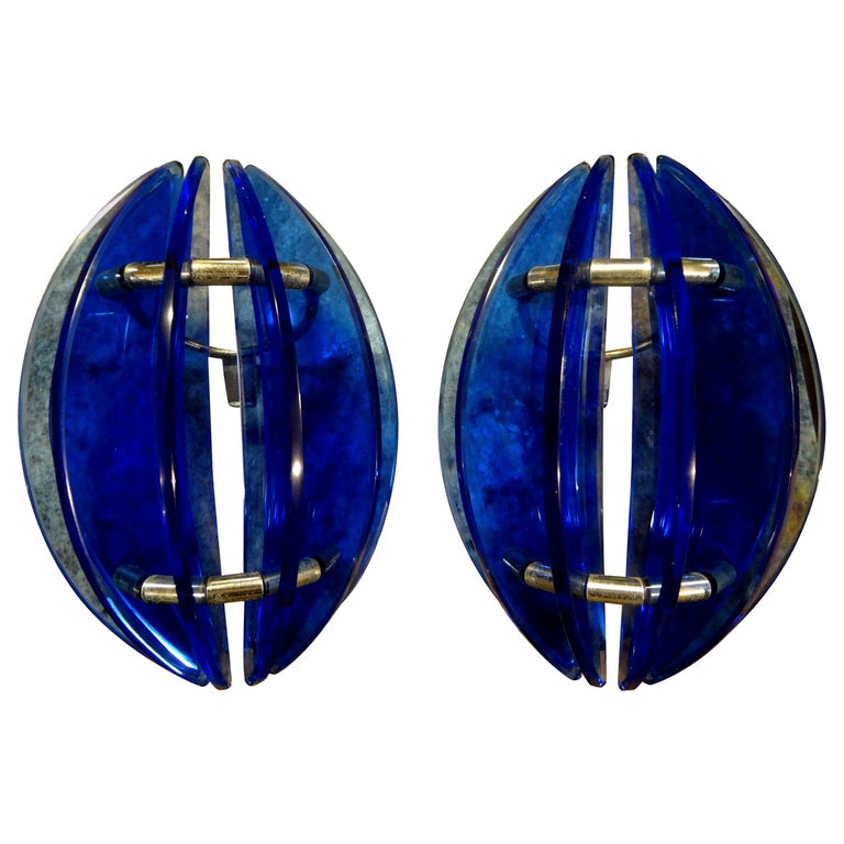 Pair of Mid-Century Italian Cobalt Blue Glass Sconces by Veca For Sale