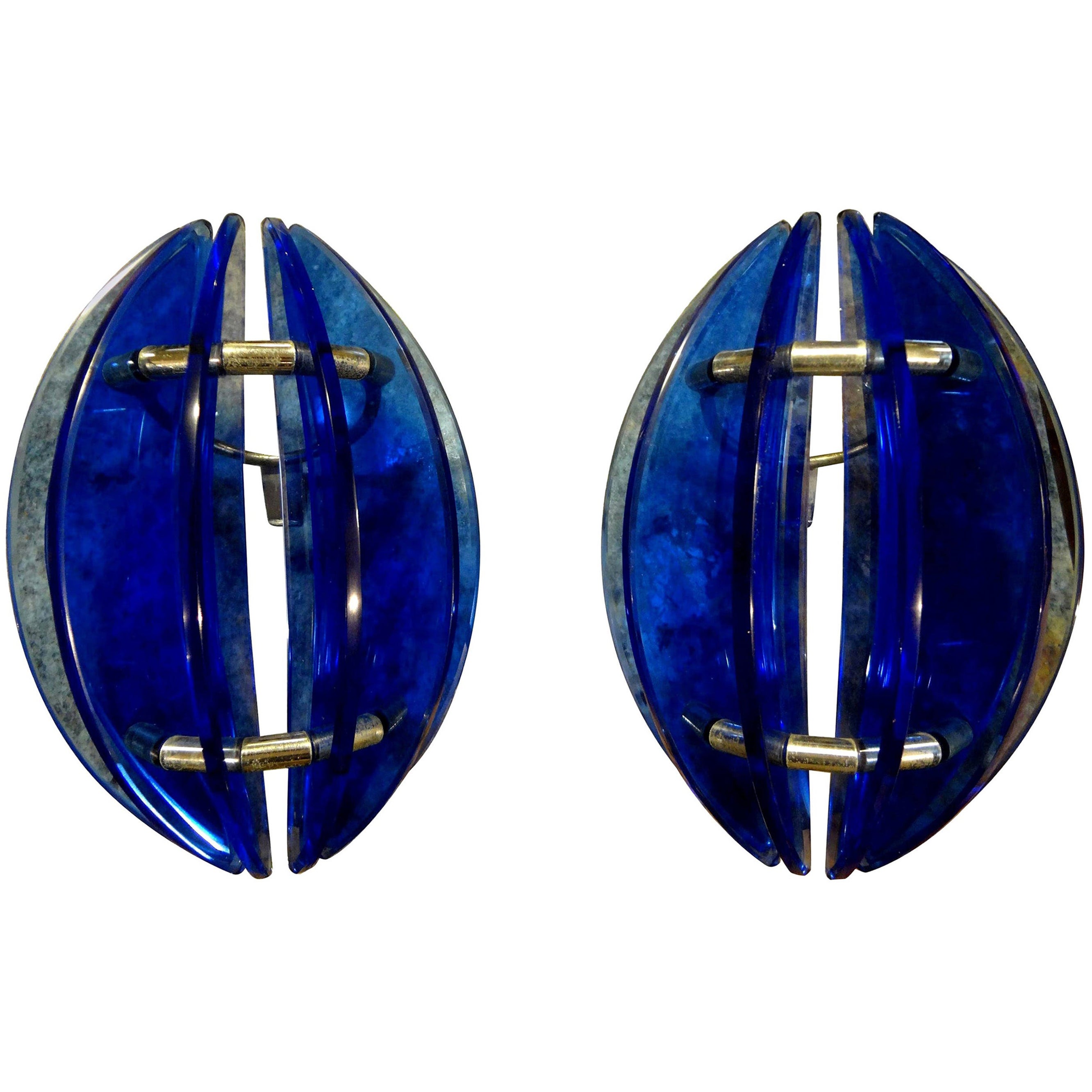 Pair of Midcentury Italian Cobalt Blue Glass Sconces by Veca For Sale
