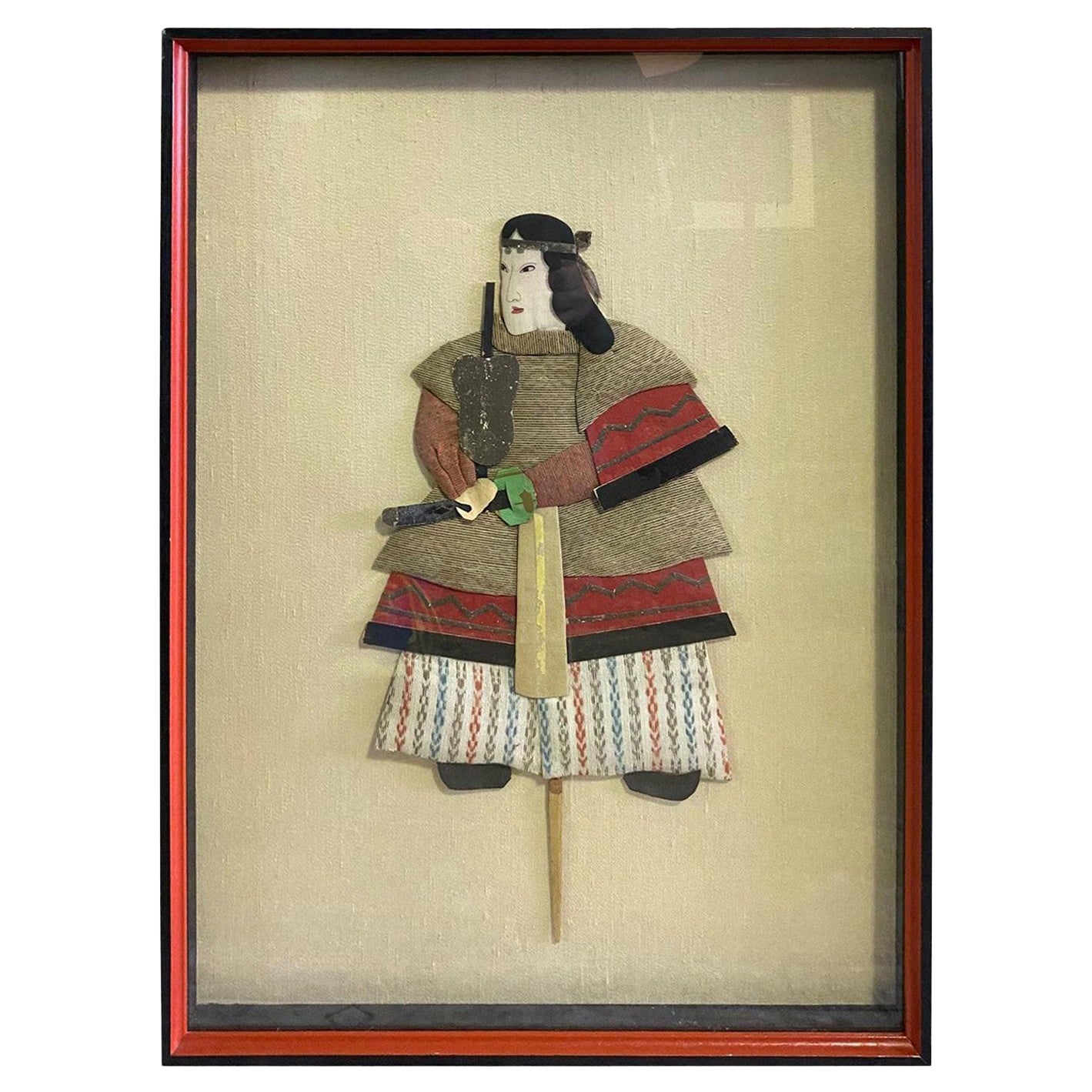 Japanese Oshie Pressed Textile Samurai Framed Shadow Puppet Doll