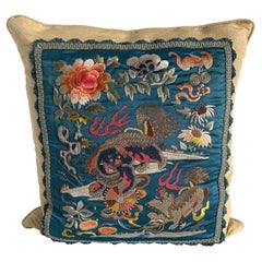 Antique Chinese Embroidered Foo Dog Textile Custom Pillow