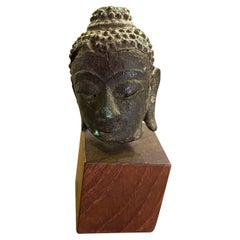 Bronze Thai Siam Temple Shrine Kamphaeng Phet Style Buddha Head on Wood Stand