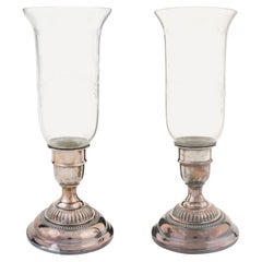 Antique Pair of English Victorian 19th Century Silver Plated Etched Glass Candle Holders