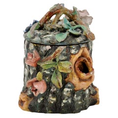 French 19th Century Majolica Barbotine Lidded Vase with Flowers and Bird's Nest