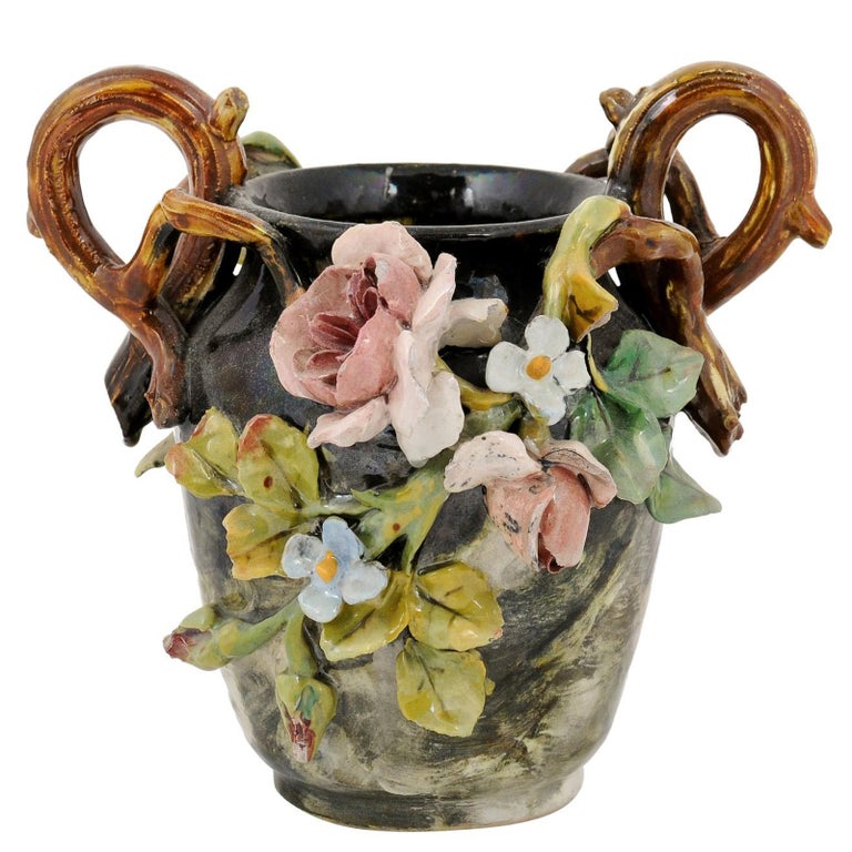 French 19th Century Barbotine Vase with High Relief Pastel Flowers and  Handles For Sale at 1stDibs