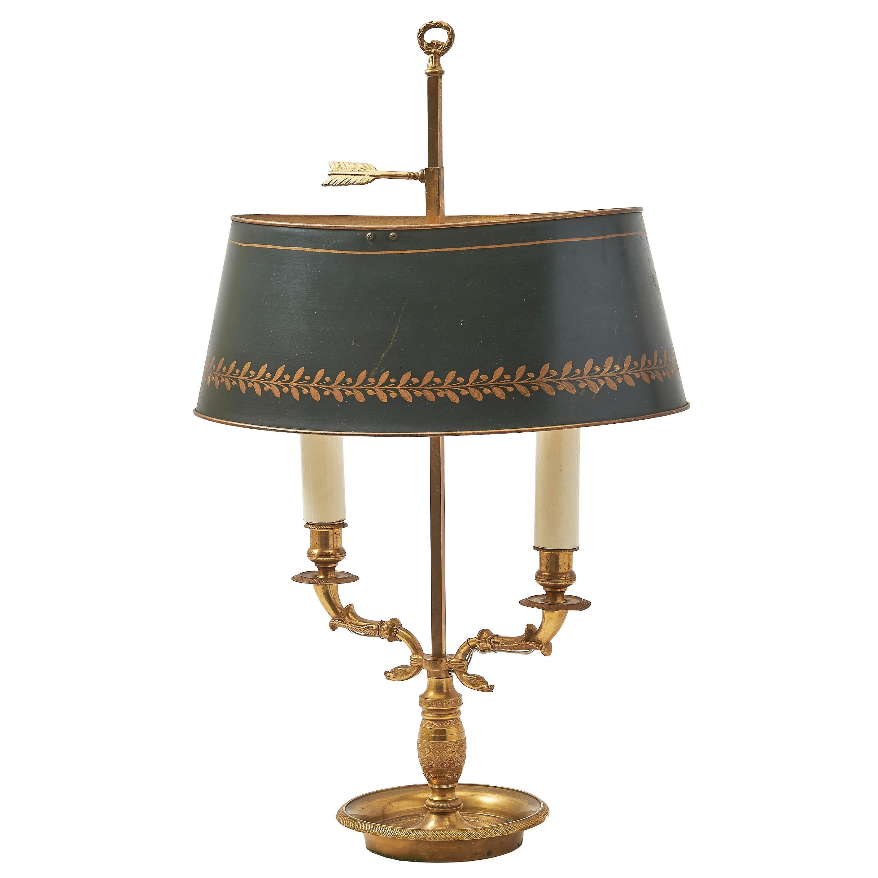 French Brass Bouillote Lamp with Green Tole Shade, 20thC. For Sale