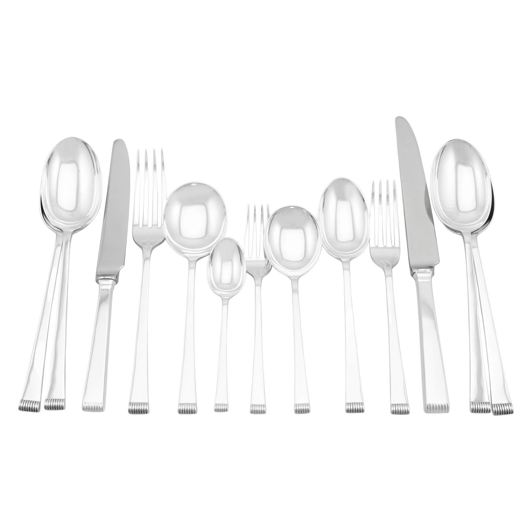 20th Century Art Deco Style Sterling Silver Canteen of Cutlery for Eight Persons For Sale