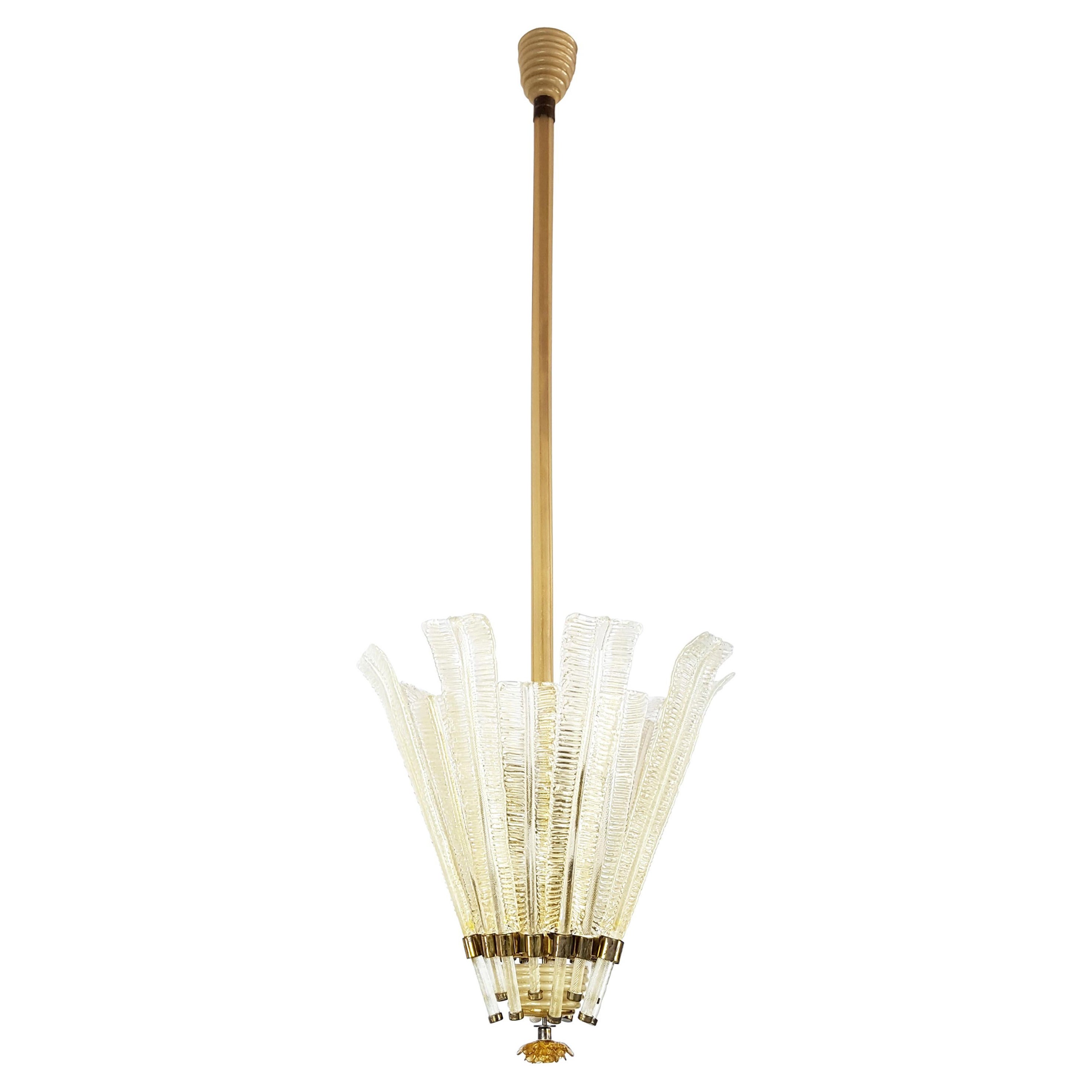 Gold Leaf, Beige Murano Glass & Brass 1933 Chandelier by Venini