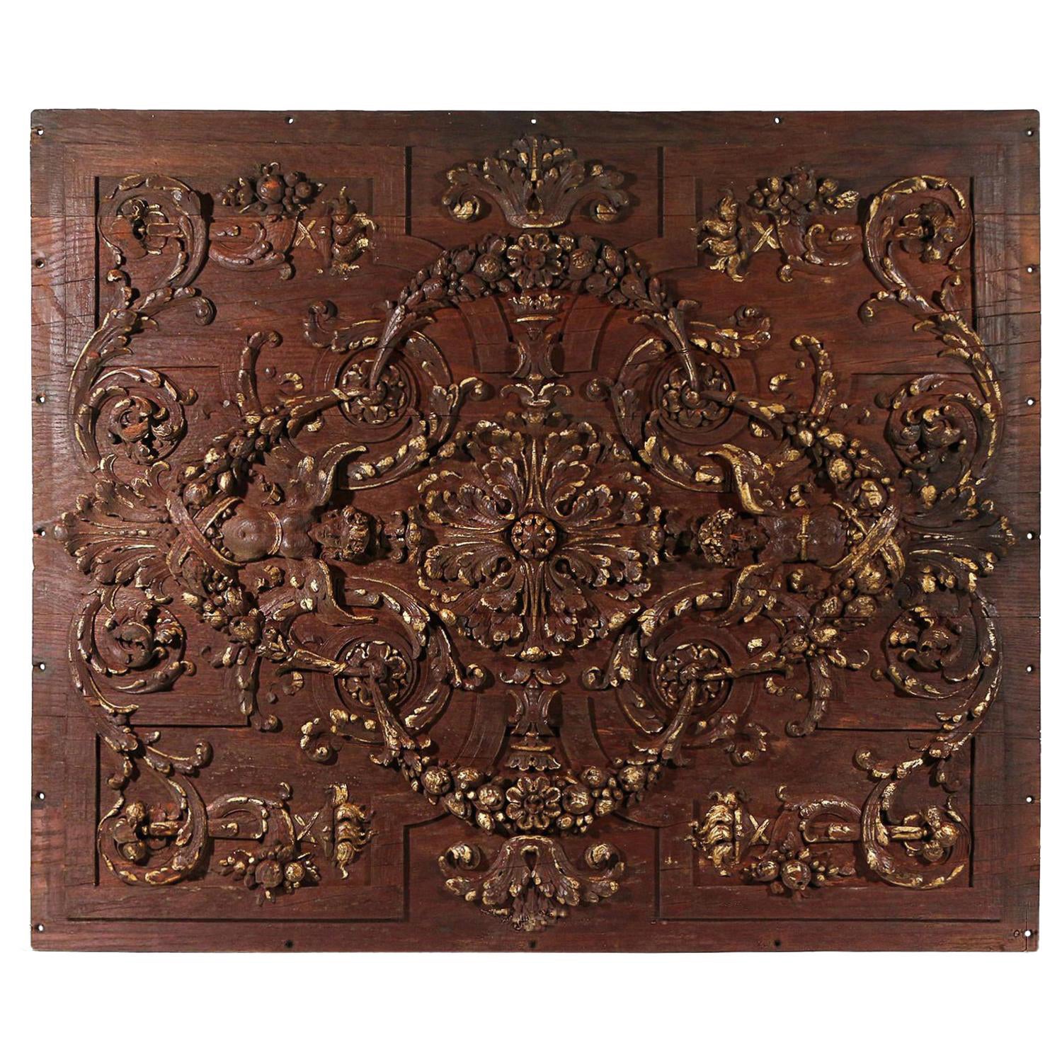 18th-19th Century Italian Walnut Rococo Carved Wall - Antique Ceiling Panel For Sale