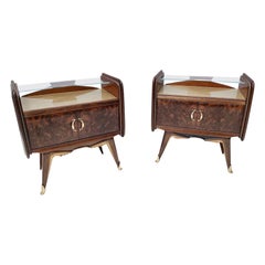 Pair of Vintage Walnut Nightstands with Golden Back-Painted Glass Top, Italy