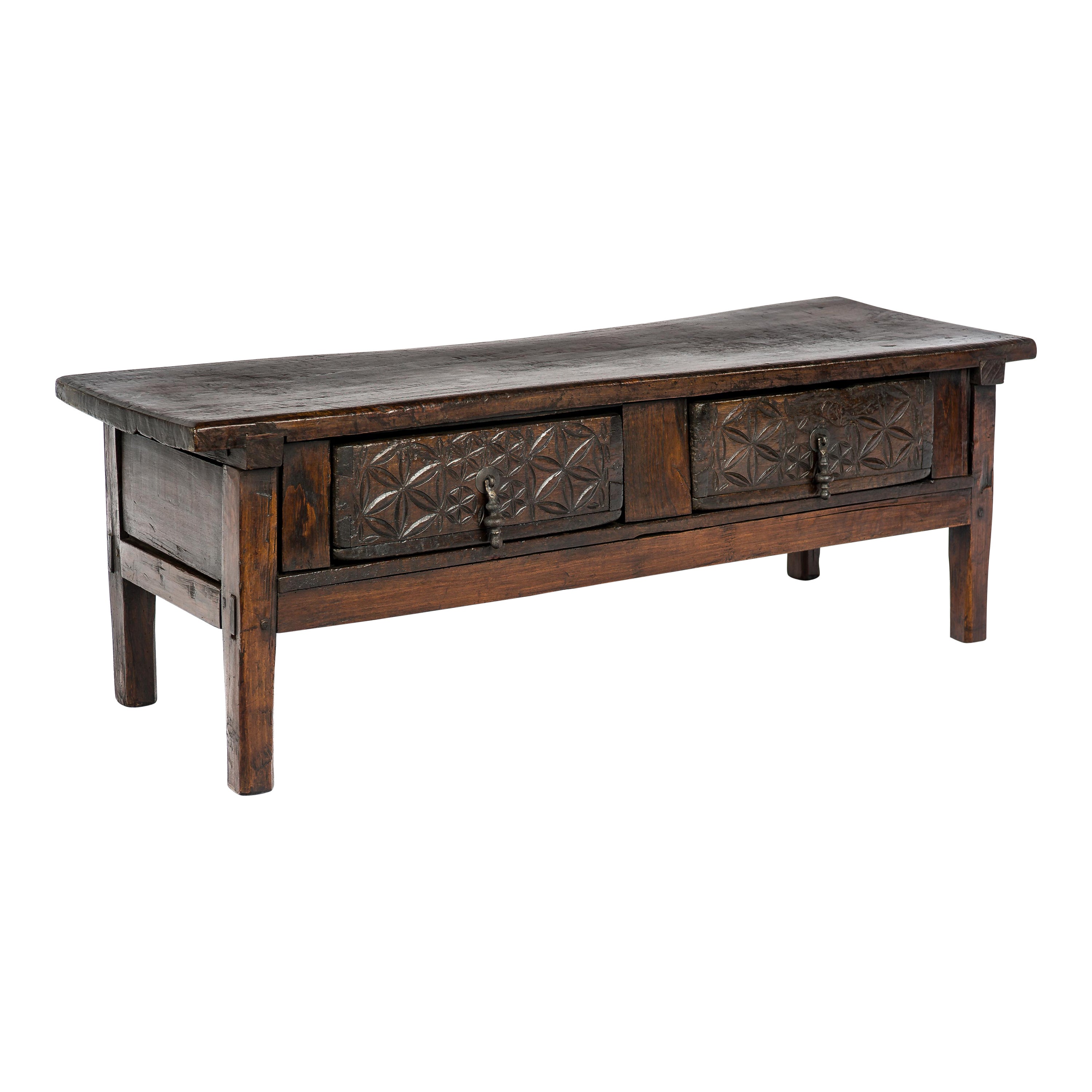 Antique 18th-Century Rustic Spanish Chestnut Coffee Table with Geometric Carving