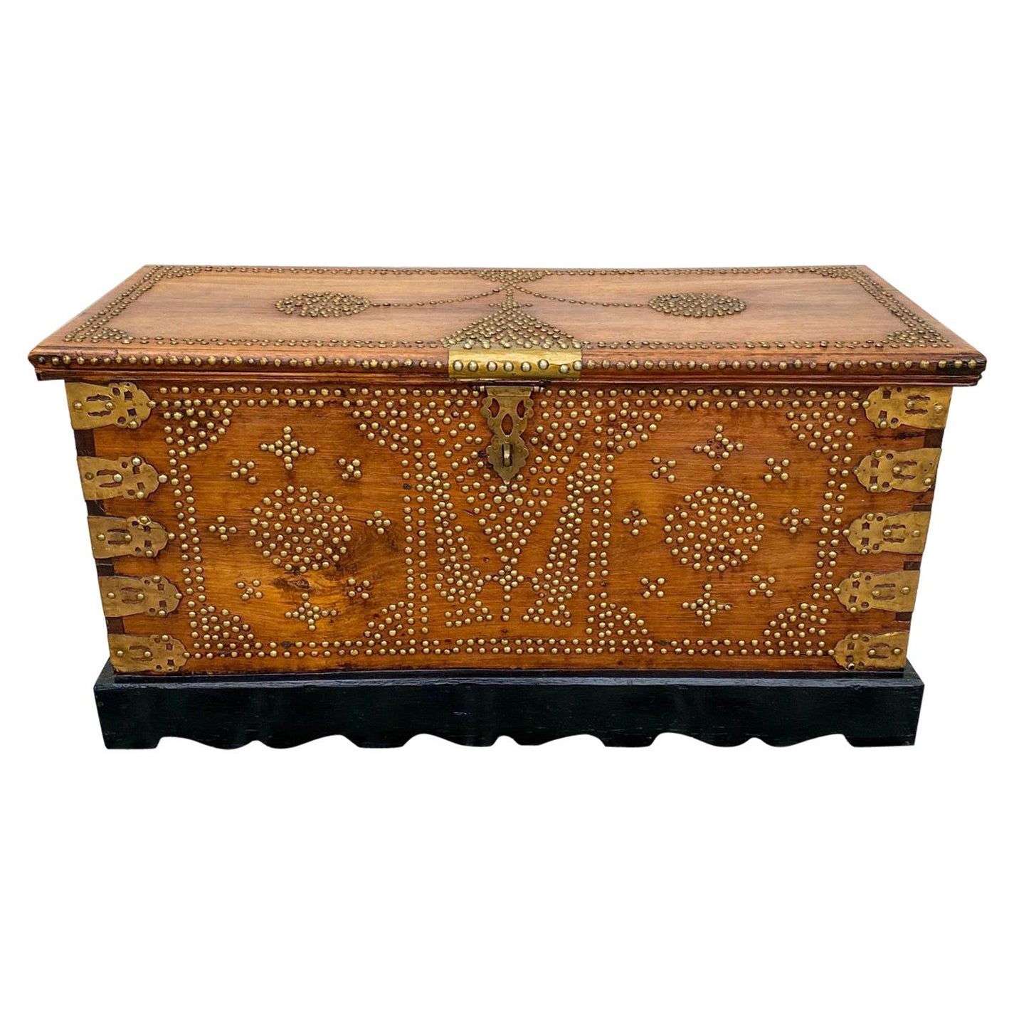 Antique Zanzibar Chest in Teak Wood with Brass Overlay and Studs For Sale