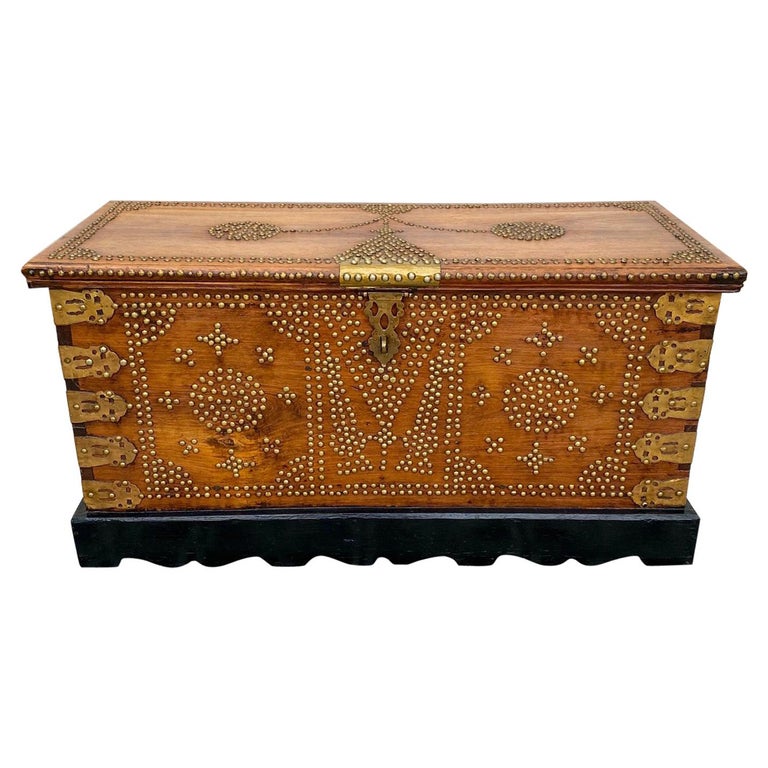 Antique Zanzibar Chest in Teak Wood with Brass Overlay and Studs For