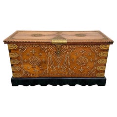 Antique Zanzibar Chest in Teak Wood with Brass Overlay and Studs