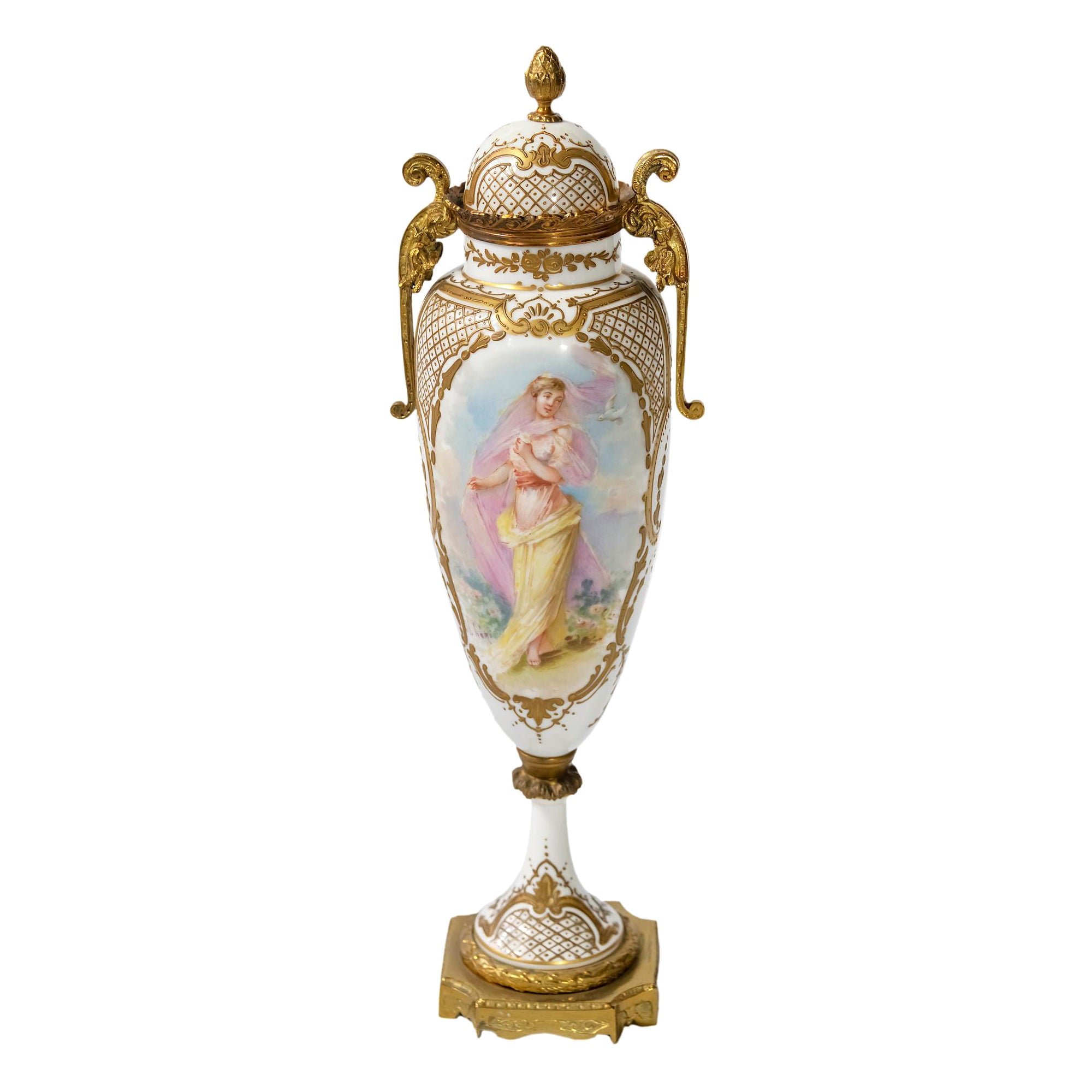 Antique French Sevres Porcelain and Bronze Lidded Vase For Sale