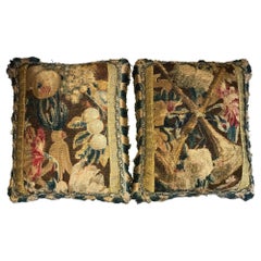 Pillows Cushions Pair Tapestry Baroque Brussels Floral Fruit Red Brown Blue Buff