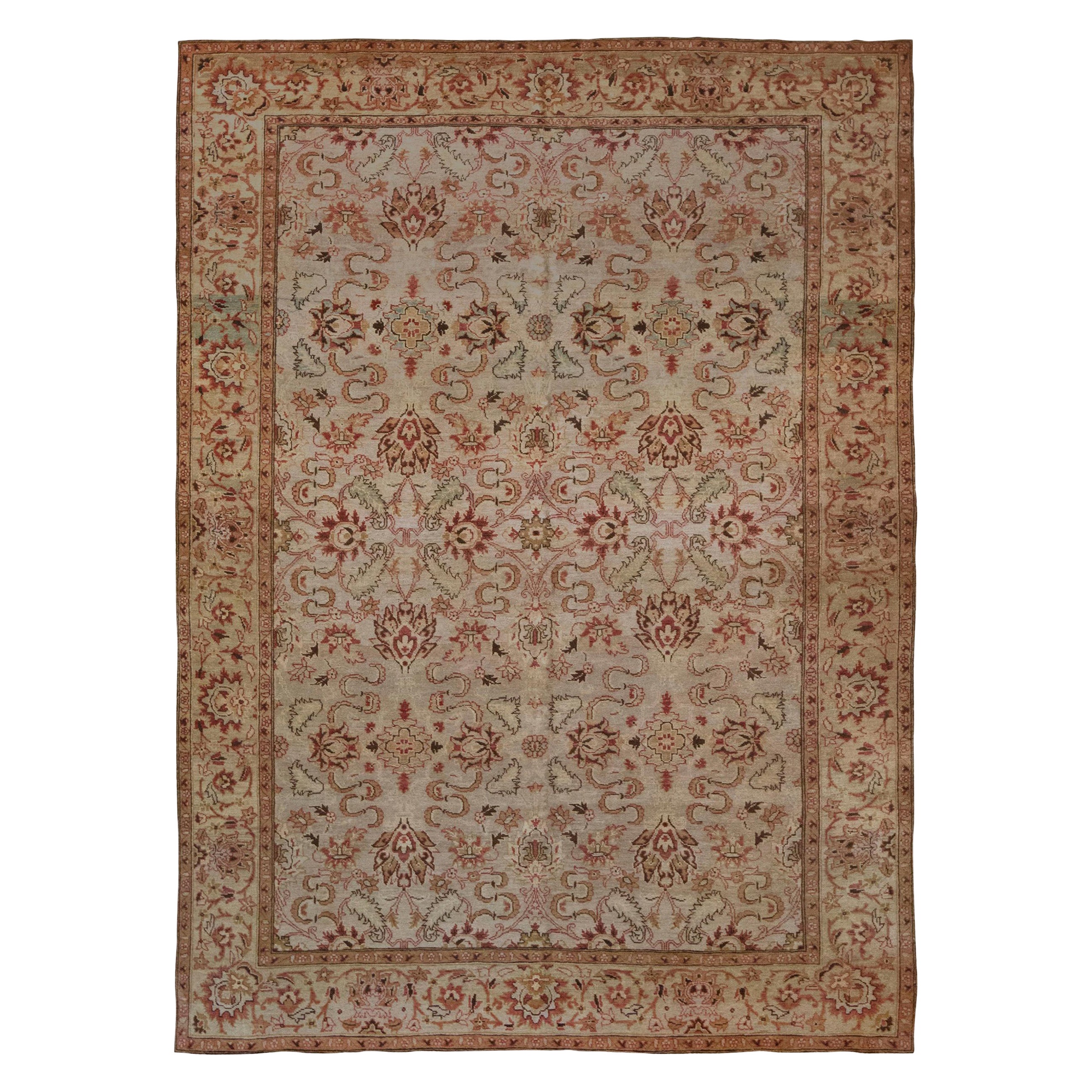 Hand-woven Burgundy Floral Revival Agra-Style Wool Rug For Sale