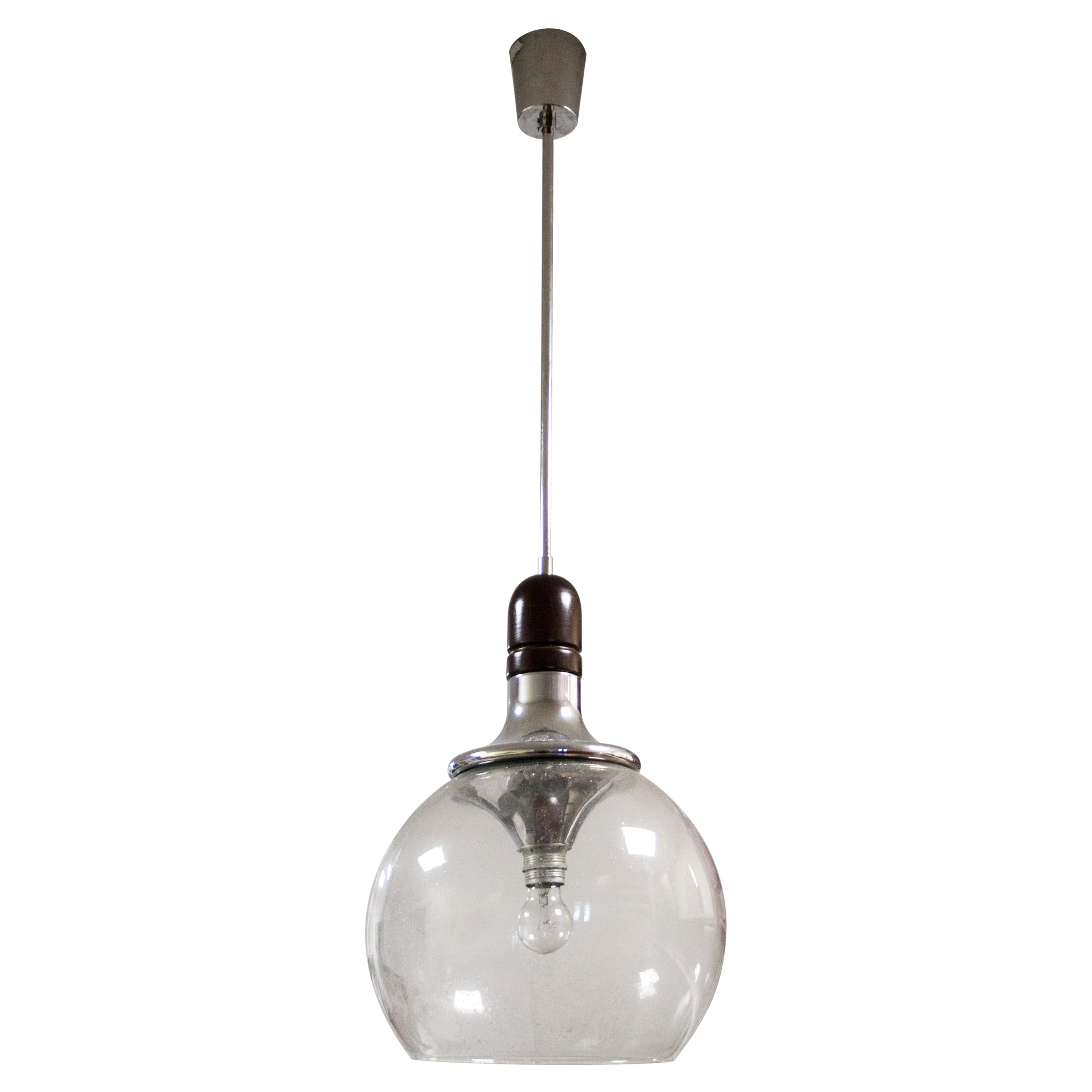 Luigi Caccia's Boccia Chromed Wood Glass Ceiling Lamp, Italy, 1969 For Sale